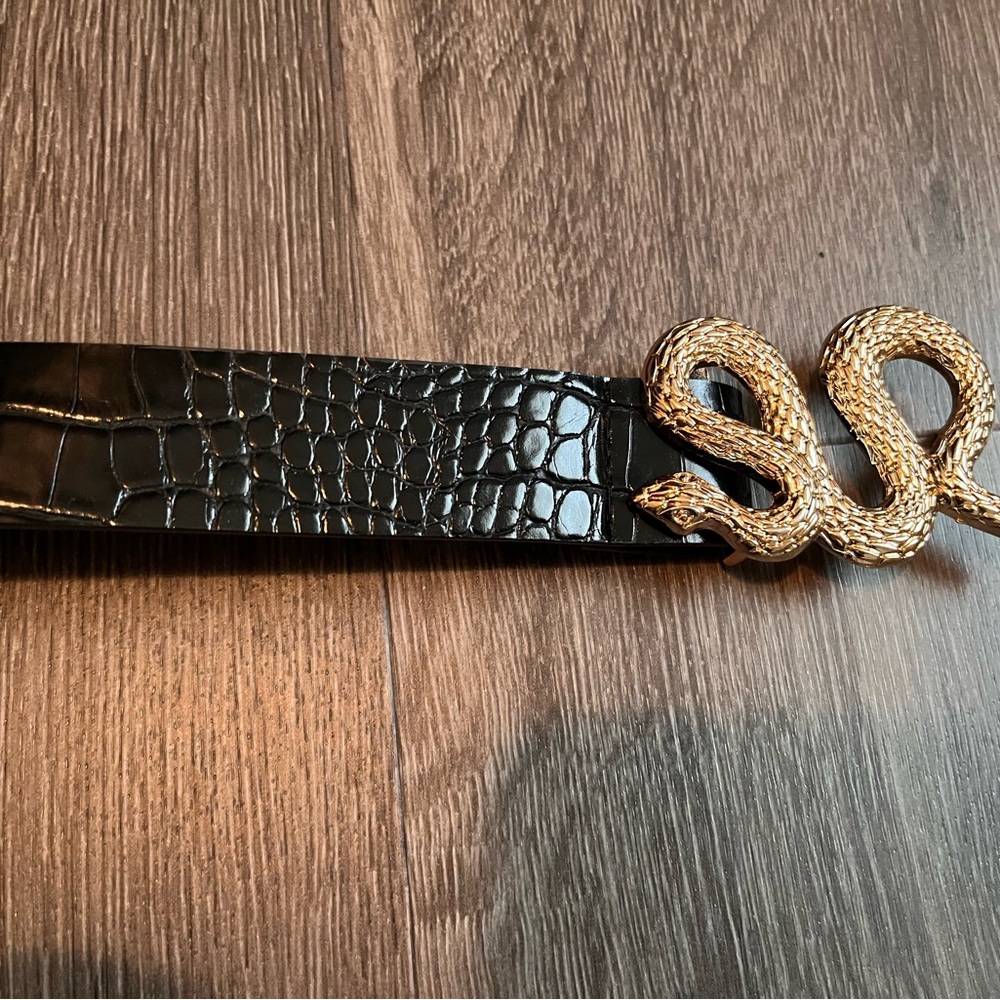 Black Snakeskin Belt with Gold Snake Buckle
